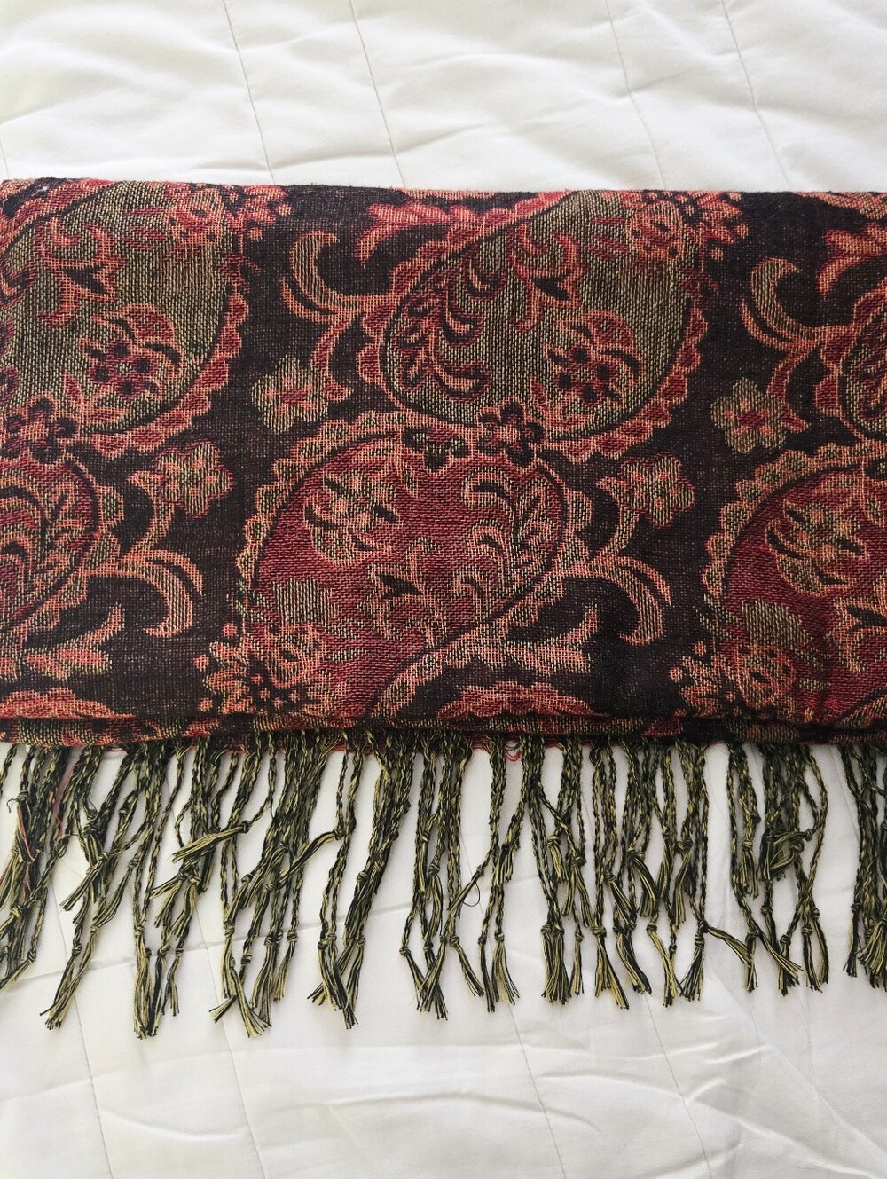 Vintage Bohemian Rich Red, Orange, Rustic Earthy Boho Paisley Pashmina Scarf - Picture 5 of 5